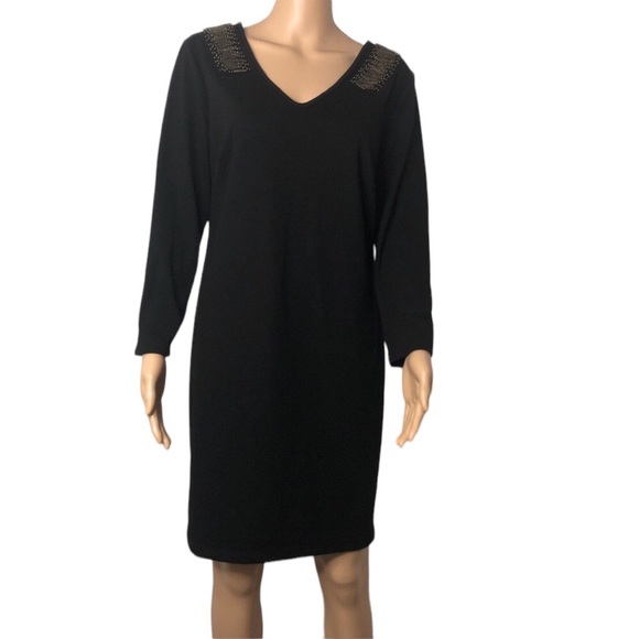 mark. Dresses & Skirts - Mark Little Black Dress Beaded Shoulder V-Neck Zip Back 3/4 Sleeve Women’s Large